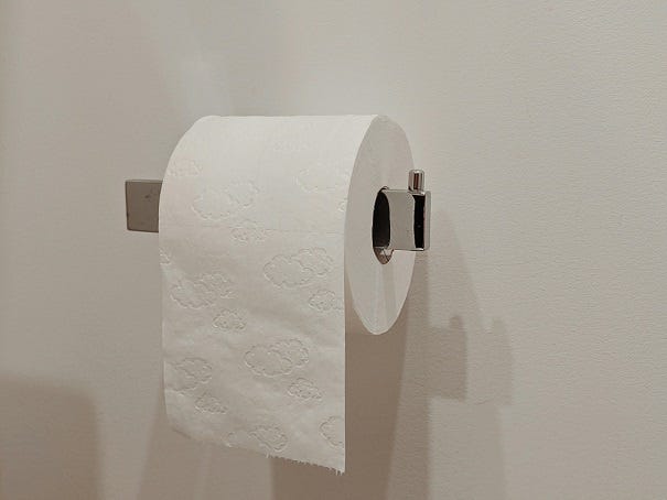 A roll of toilet paper hanging over as it should.