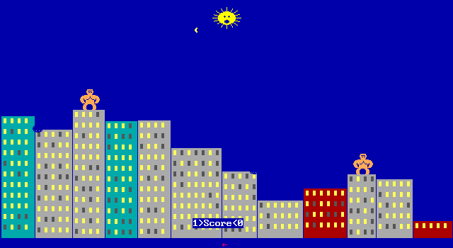 Game called “gorillas” for the TANDY 1000 personal computer. This image shows a city-scape in 2d profile with various towers.