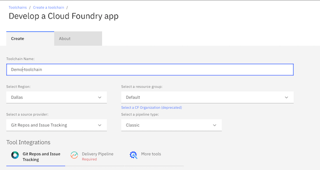 screenshot of creating a Cloud Foundry app page