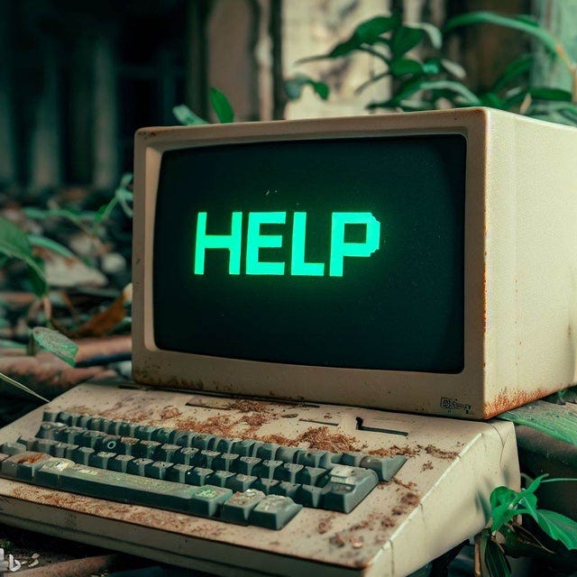 Green text of the word “HELP” on a black background, visible on the screen of an antique Apple II+ computer that’s rusty and surrounded by leaves.