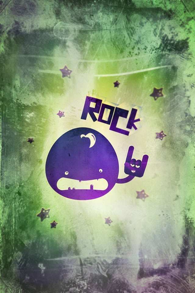 Purple emoji with snaggle teeth holding up the “devil” sign with his hand. There is a face on the hand. It is own a green background with purple stars.