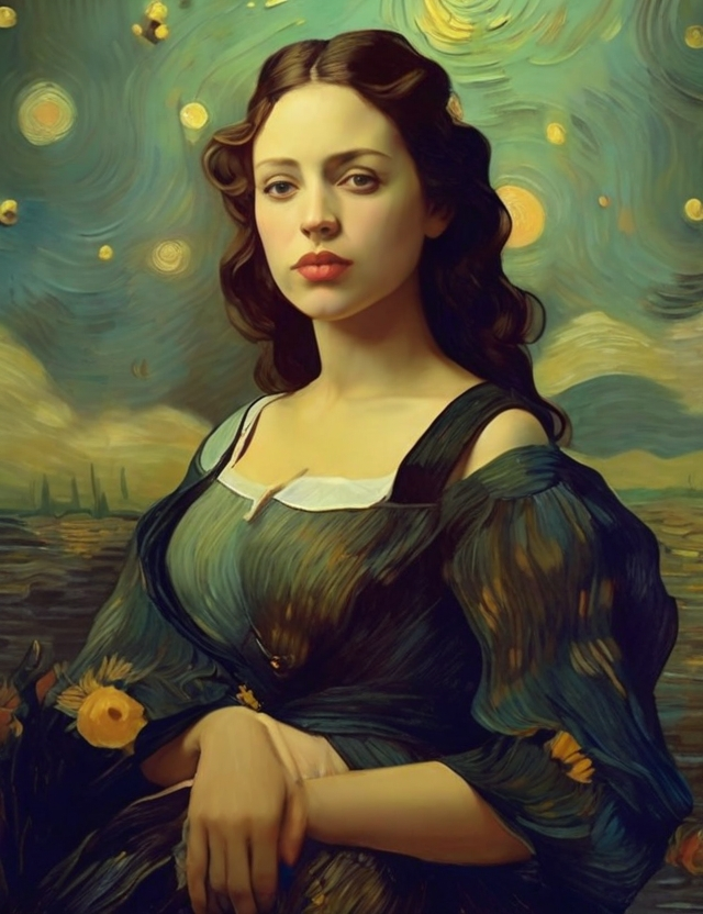 AI-generated image of the Mona Lisa Painting in the style of starry nights by Van Gogh