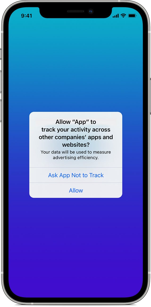 Apple iPhone graphic with message asking user if they “Allow app to track your activity across other companies’ apps and websites?”