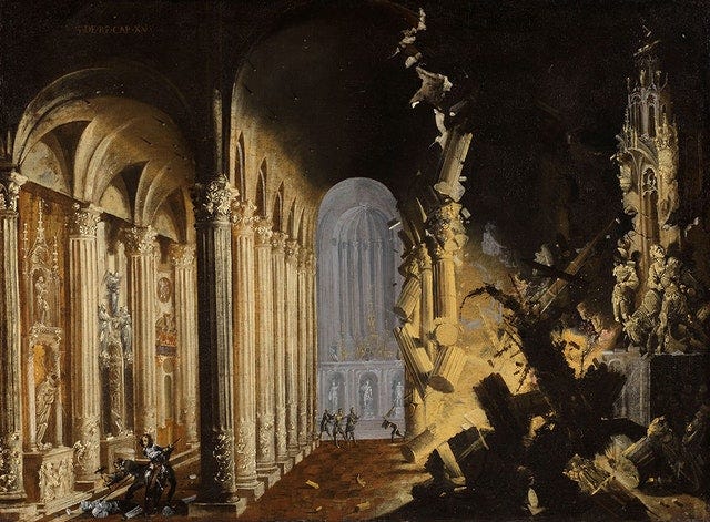 Painting with a scene of a pristine cathedral on the left and tumbling ruins on the right.