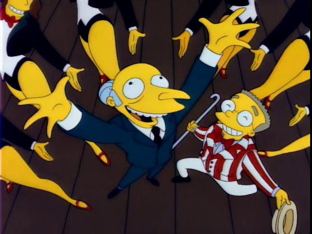 A screenshot of The Simpsons depicting Burns and Smithers from a high angle. Mr. Burns holds his hands up above his head and smiles widely, while Smithers kneels beside him and grins. Smithers is wearing a red-and-white suit, holding a cane in one hand and a hat in the other.