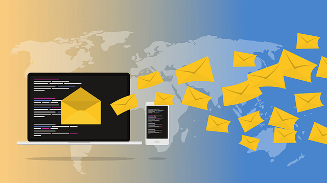 Graphic of many envelopes flying out of a computer screen over the globe