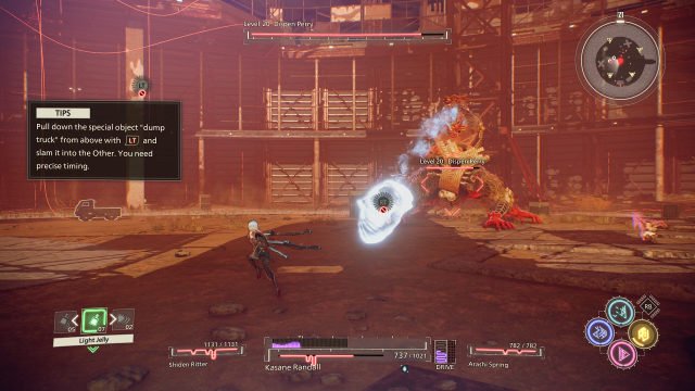 Scene from the game Scarlet Nexus with a character avoiding  a water attack unleashed  by a monster that is at the back of the scenario.