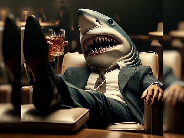 dramatic close up, floor angle shot, Shark in a pinstripe suit, sitting back relaxing in a modern art deco chair, his arm is propped up with a smug look on his face, mouth open with a slight laugh. in his other hand he holds a glass of bourbon. The scene is upscale like a magazine photo shoot and the image is analog with film grain and shallow DOF