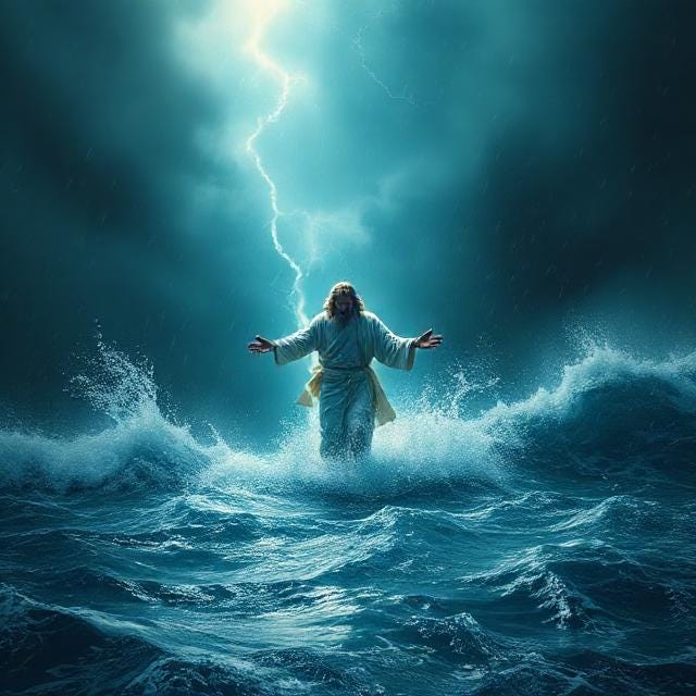 Jesus walking on the water in the storm