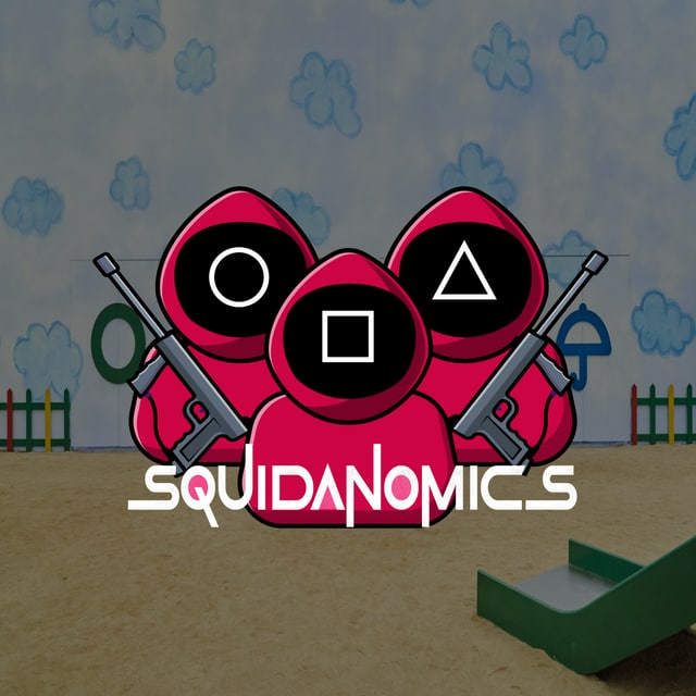 The squidanomics logo, cartoon rendition of red-hooded and black-masked figures holding guns.