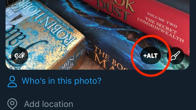 Screenshot of Twitter’s new ‘+ALT’ button for adding alt text to images on tweets via the Twitter app.