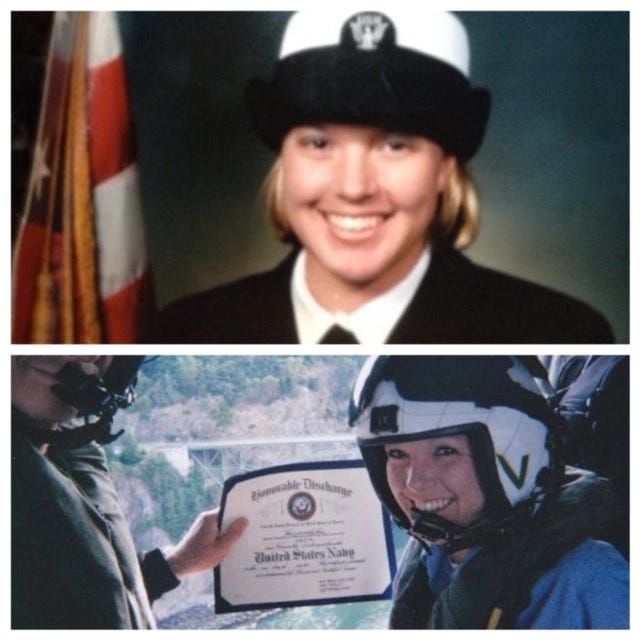 Collage with above picture a portrait of Jessica Schmidt and below picture of her receiving her Navy discharge certificate.