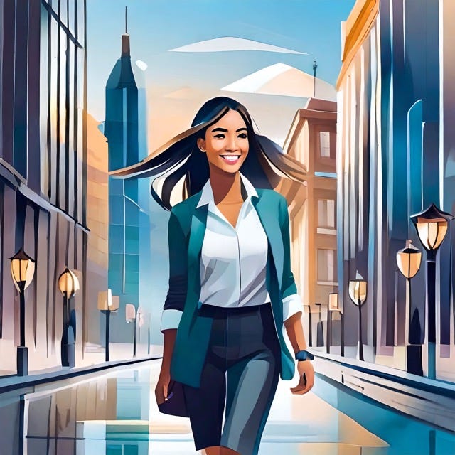 A woman with loose hair, wearing white and blue clothes, walking smiling down a street with buildings on both sides.