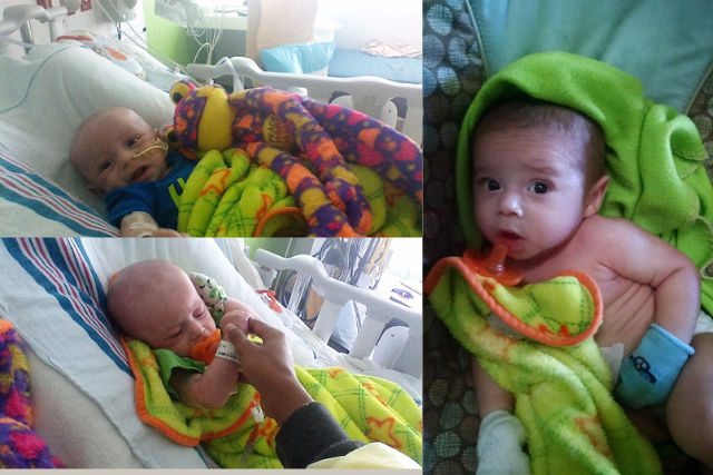 Anthony 2 months before and after looking frail on the left and happy and healthier on the right (4 months old wrapped in his favorite green blanket).