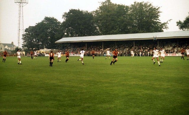 Torquay United in action at Plainmoor in 1981. I’m guessing from the orange-and-black kit that Newport County are the visitors.