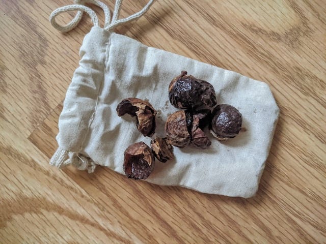 A few dried soap nuts sit on top of a drawstring cloth bag which is on a wooden surface.