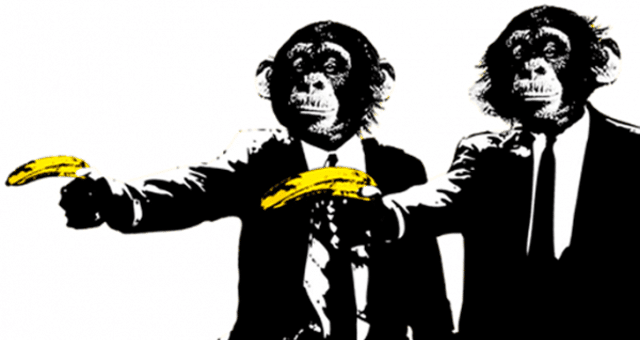Gangster monkeys in suits holding bananas