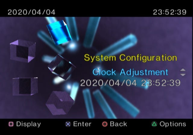 PS2 settings screen showing clock adjustment