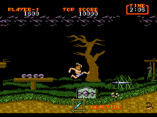 Cena do jogo Ghost ‘N Ghouls, com o personagem principal de cueca em um cenário que lembra um cimitério.