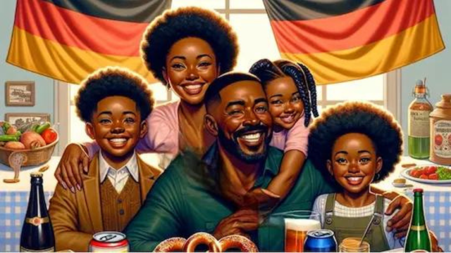 A black family with a mother, father, and three children. Surrounded by elements Germany.