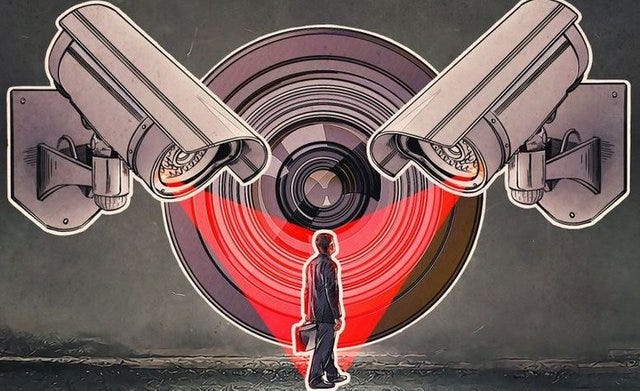 An illustration of a person holding a briefcase and walking. There are two huge CCTV cameras point at them from above.