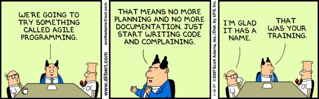 Sátira sobre a programação ágil, onde o gerente diz que não há mais necessidade de planejar nem documentar, só codificar.