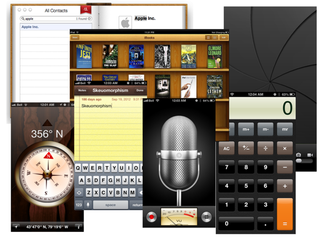 Collage of screenshots from Apple’s applications, including compass, notes, voice recorder, books and calculater.