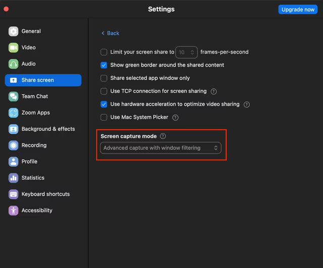 Zoom settings panel showing the “Advanced Capture” option with window filtering enabled