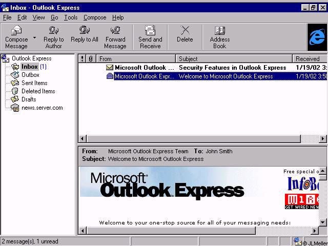 Microsoft Outlook Express, showing its default inbox with a “welcome to Outlook Express” message opened.