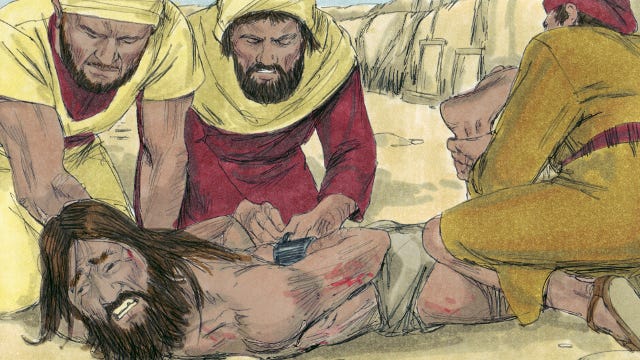 Three men pin down a bearded man who is naked save for a loincloth. He has blood on his arms and leg and has a pained expression as they cuff his arms behind his back