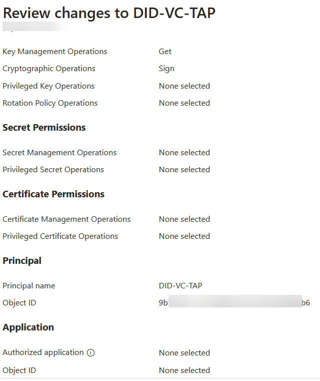Image showing Key Vault access policy with the principal name set to the applictaion