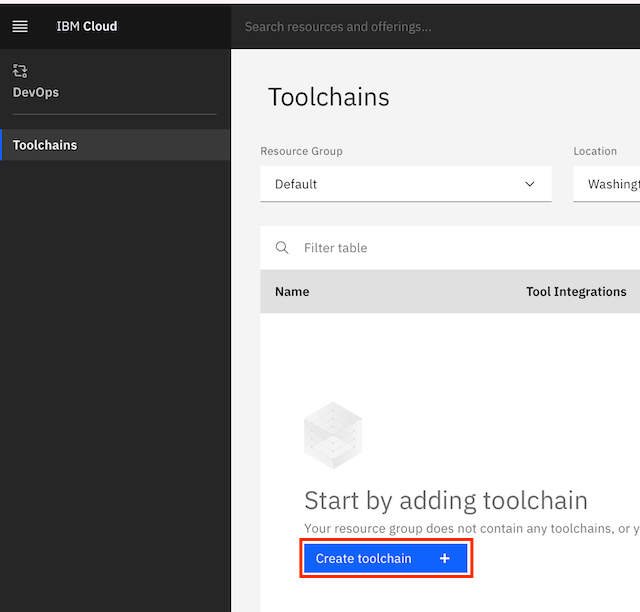 screenshot of creating a toolchain in IBM Cloud