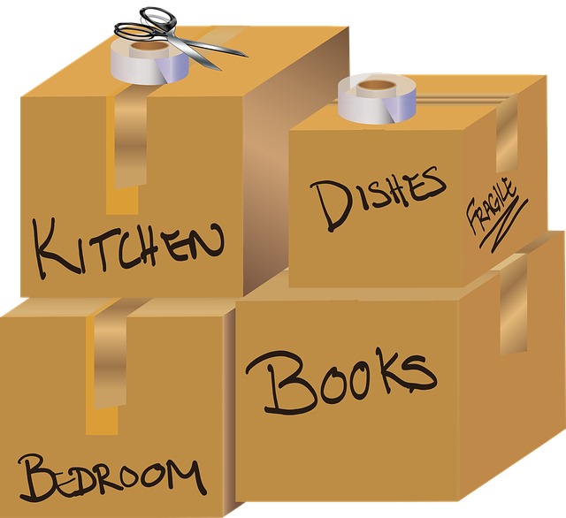 Cardboard moving boxes with labels for individual rooms (“Kitchen”, “Books”, “Dishes”)