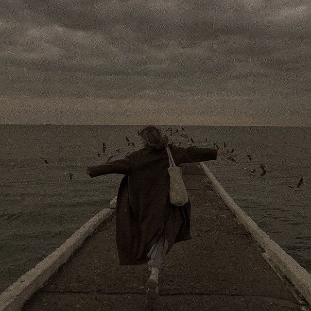 A woman runs down a ship walkway, startling the pigeons to flight.