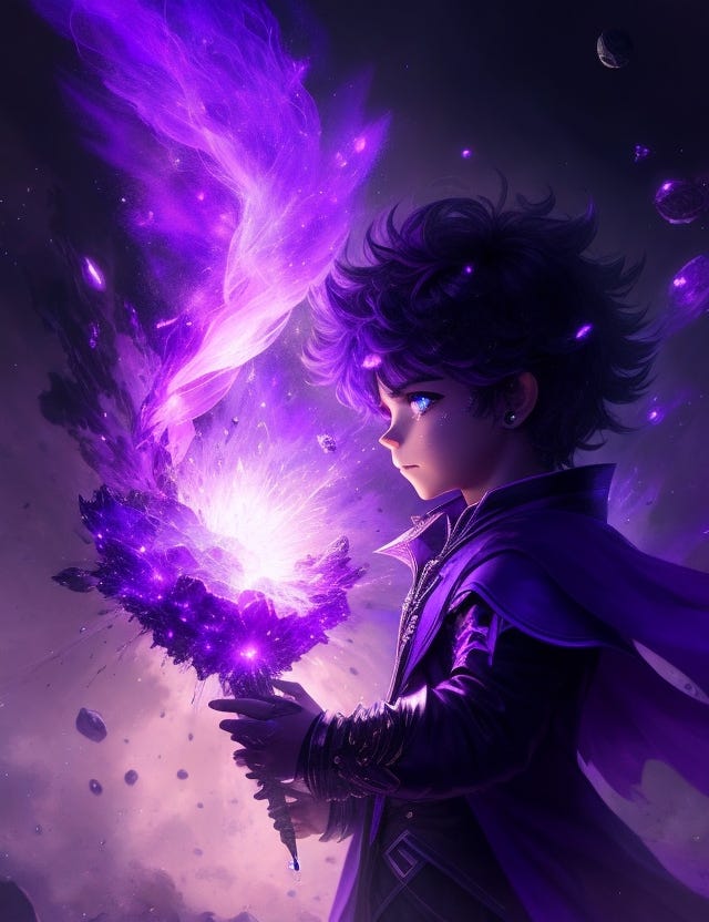 AI generated stylized picture of boy creating purple magic spear.