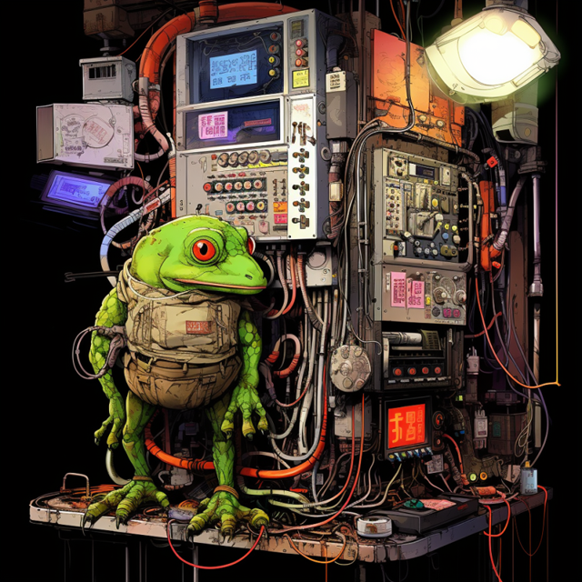 We see a frog linked to a sophisticated computer machine with red umbilical cord, illuminated by a lamp in the far right corner and under surveillance with a camera, drawn in dystopian Toko with emphasized warm color palette in front of a black dramatic background.