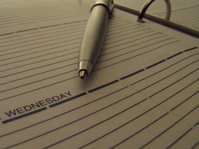 Photo of a open page of a day planner with pen lying on it