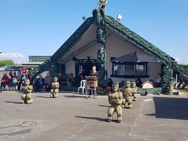 Poet, Dr Karlo Mila is standing in front of Matahiwi Marae, sharing this poem for the final obituary at Moana Jackson’s tangihanga.