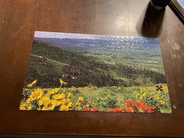 A picture of a completed puzzle of a field of flowers next to a hill and some mountains. There are pieces missing from the puzzle.