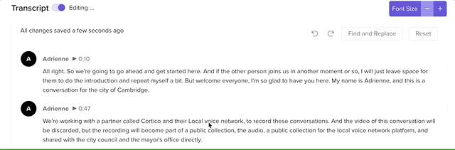 User editing some words and speaker names in our transcript editor