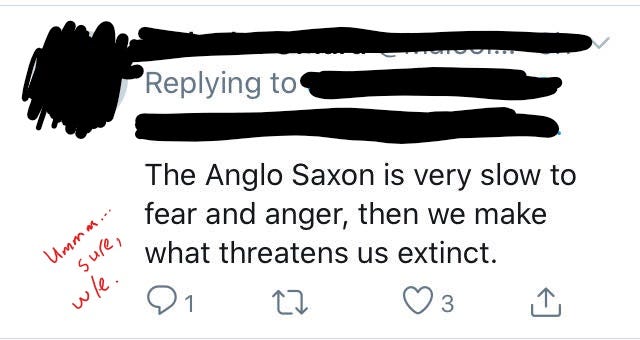 Screenshot from twitter reads: “The Anglo-Saxon is very slow to fear and anger, then we make what threatens us extinct.”