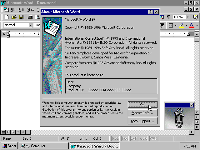 A screenshot of Microsoft Word ’97. The “About” menu is open, showing the copyright year as 1998. “Clippy”, the digital assistant, is waiting in the bottom right of the screen.