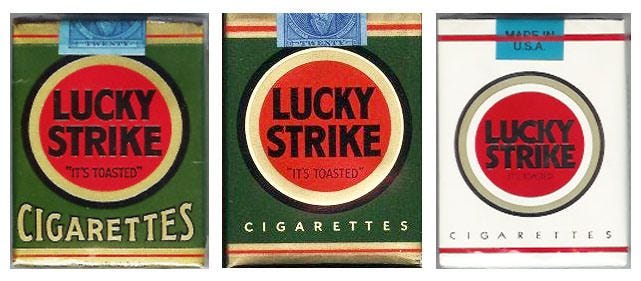 Lucky Strike’s packaging over the years, show the change in the packet’s base color from green to pure white