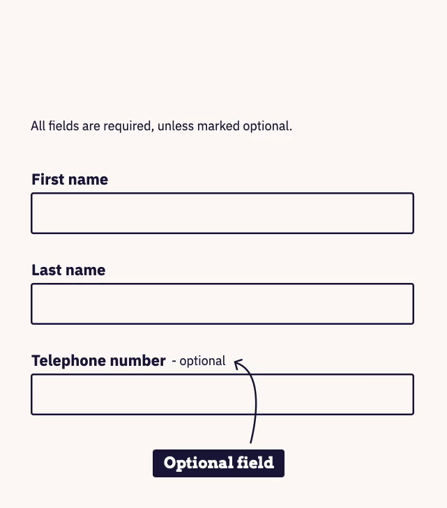 The first example shows a clear explanation of the asterisk. The second proposes a form without asterisks, in which only the optional fields are indicated.