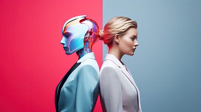 Woman standing next to AI, illustrating the impact of gender bias in technology