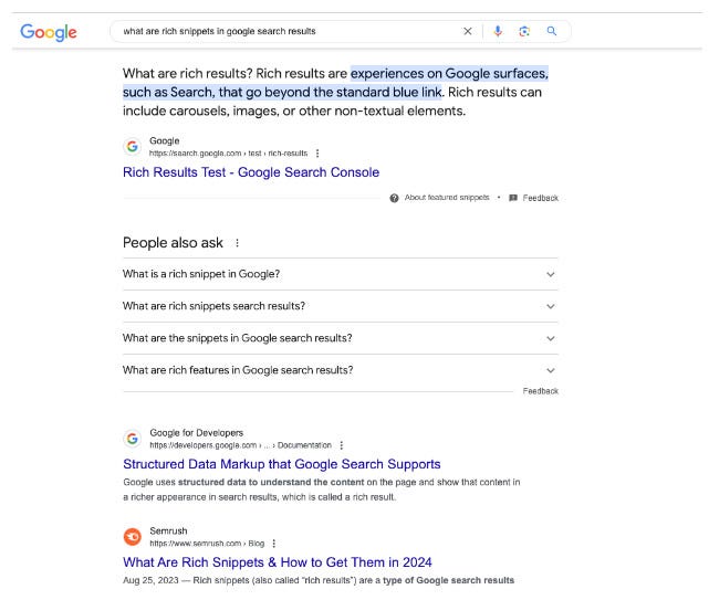 Screenshot of a Google search result page highlighting the concept of rich snippets, related to AI-driven search improvements.