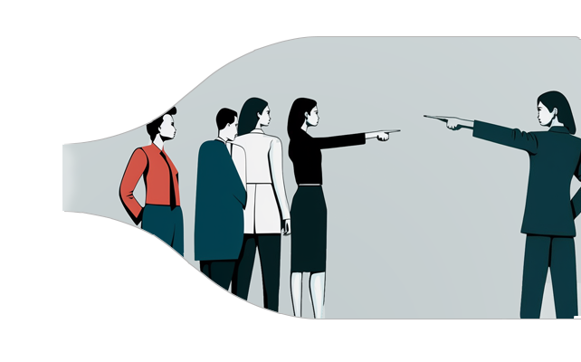 A line art illustrations of people pointing at each other. On the left side, there’s a group of professionally dressed people, and one of them is pointing at a person in a suit on the right side. Colors are drab, and blame is being placed.