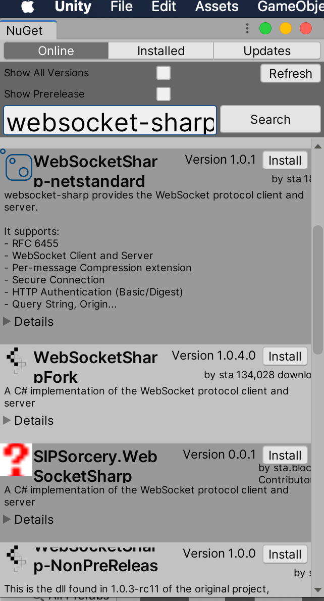 WebSocket C# for Unity using Nuget PackageManager
