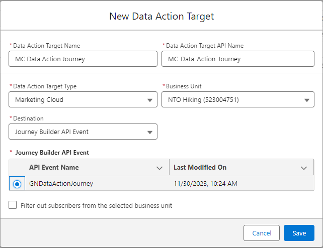 Data Action Target Setup Screen