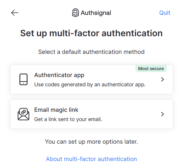 Image for setting up MFA with authenticator app. / email magic link options